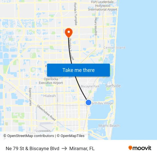 Ne 79 St & Biscayne Blvd to Miramar, FL map