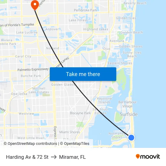 Harding Av & 72 St to Miramar, FL map