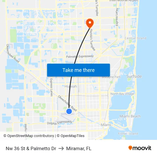 Nw 36 St & Palmetto Dr to Miramar, FL map