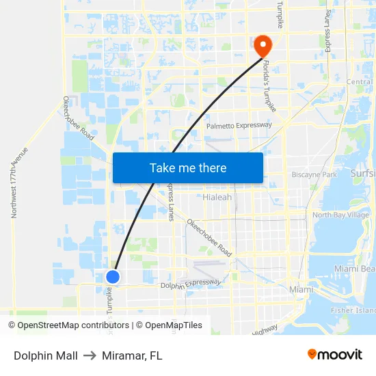 Dolphin Mall to Miramar, FL map