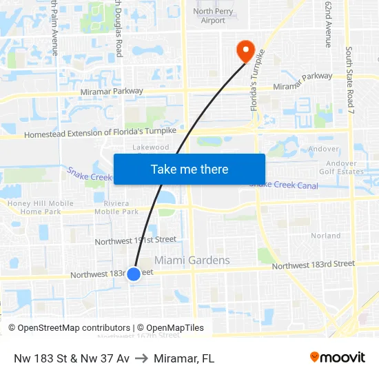 Nw 183 St & Nw 37 Av to Miramar, FL map