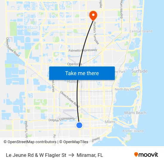 Le Jeune Rd & W Flagler St to Miramar, FL map