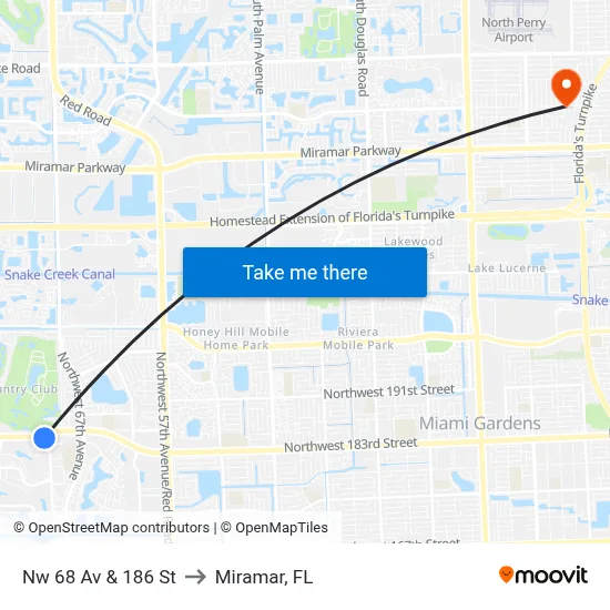 Nw 68 Av & 186 St to Miramar, FL map