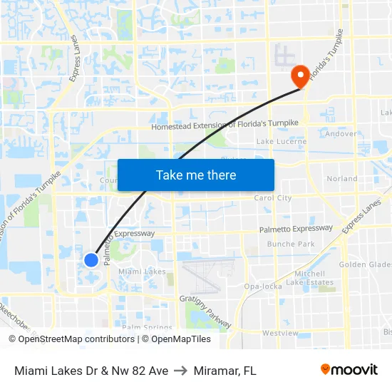 Miami Lakes Dr & Nw 82 Ave to Miramar, FL map