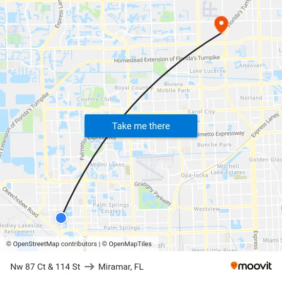 Nw 87 Ct & 114 St to Miramar, FL map