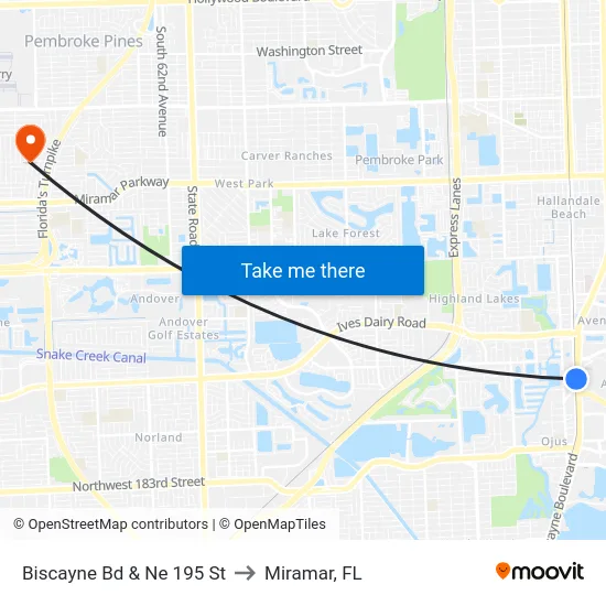 Biscayne Bd & Ne 195 St to Miramar, FL map