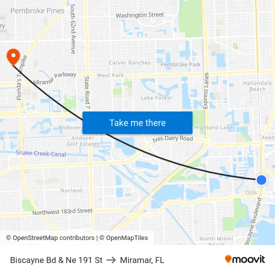 Biscayne Bd & Ne 191 St to Miramar, FL map