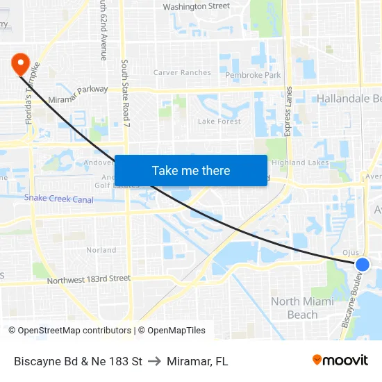 Biscayne Bd & Ne 183 St to Miramar, FL map