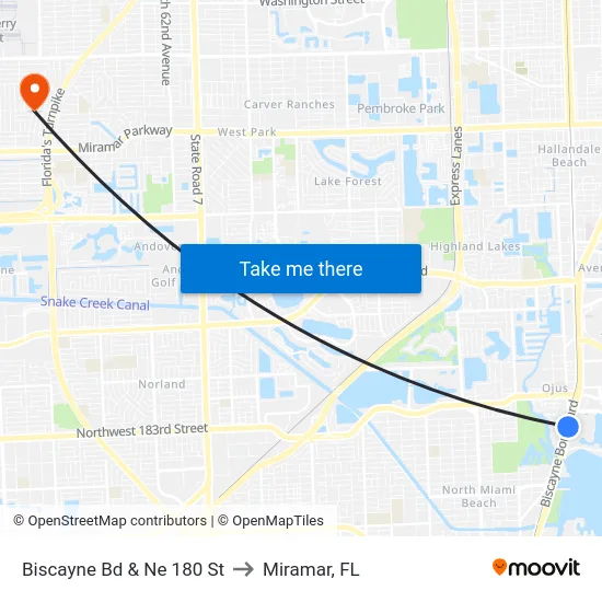 Biscayne Bd & Ne 180 St to Miramar, FL map