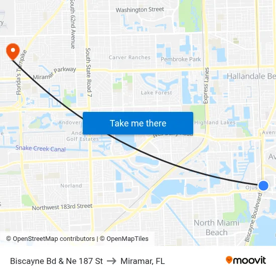 Biscayne Bd & Ne 187 St to Miramar, FL map