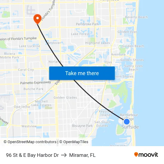 96 St & E Bay Harbor Dr to Miramar, FL map