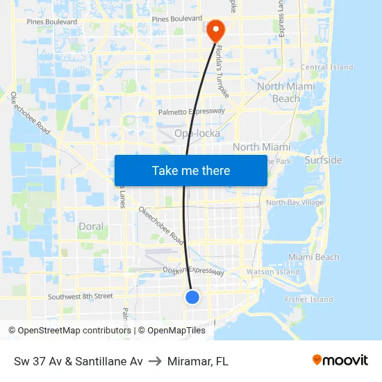 Sw 37 Av & Santillane Av to Miramar, FL map