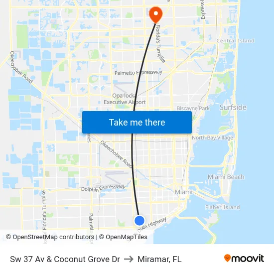 Sw 37 Av & Coconut Grove Dr to Miramar, FL map