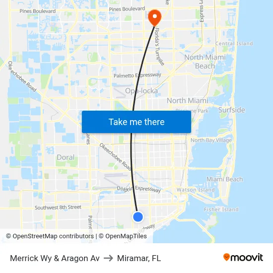 Merrick Wy & Aragon Av to Miramar, FL map