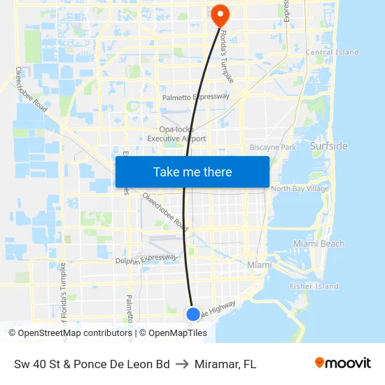Sw 40 St & Ponce De Leon Bd to Miramar, FL map