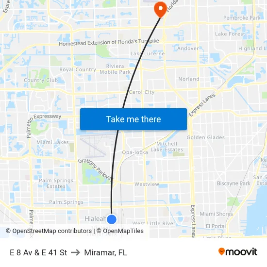 E 8 Av & E 41 St to Miramar, FL map