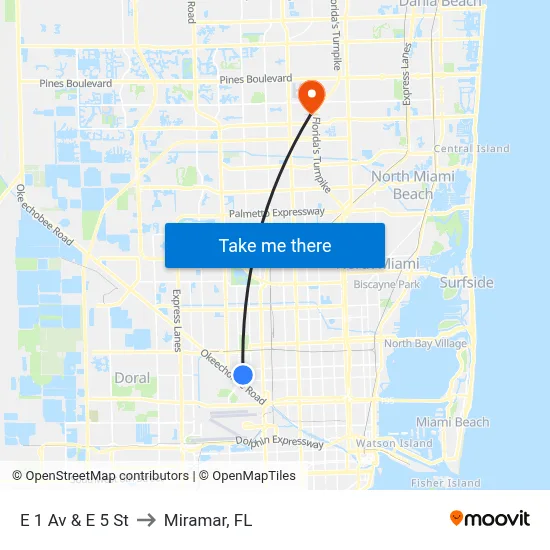 E 1 Av & E 5 St to Miramar, FL map