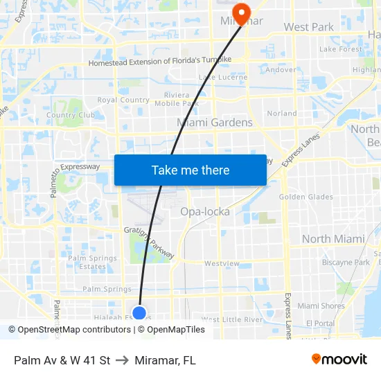 Palm Av & W 41 St to Miramar, FL map