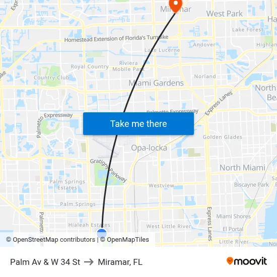 Palm Av & W 34 St to Miramar, FL map