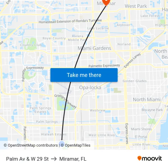 Palm Av & W 29 St to Miramar, FL map