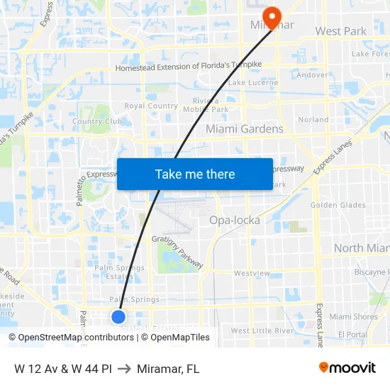 W 12 Av & W 44 Pl to Miramar, FL map