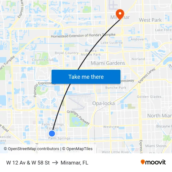 W 12 Av & W 58 St to Miramar, FL map