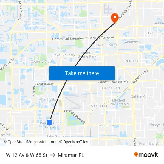 W 12 Av & W 68 St to Miramar, FL map