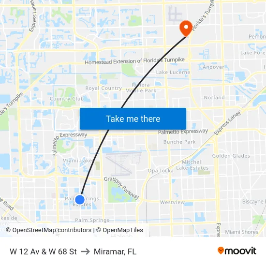 W 12 Av & W 68 St to Miramar, FL map