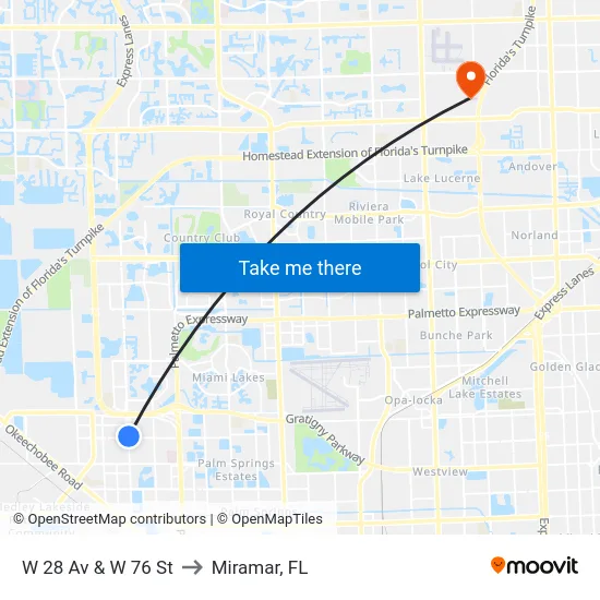 W 28 Av & W 76 St to Miramar, FL map