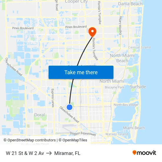 W 21 St & W 2 Av to Miramar, FL map