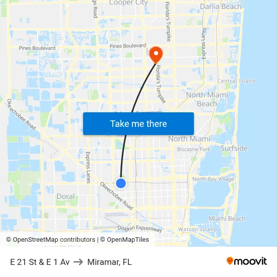 E 21 St & E 1 Av to Miramar, FL map