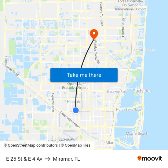 E 25 St & E 4 Av to Miramar, FL map