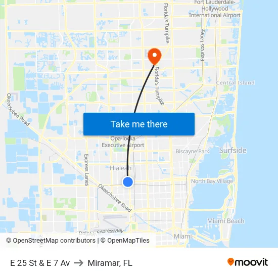 E 25 St & E 7 Av to Miramar, FL map
