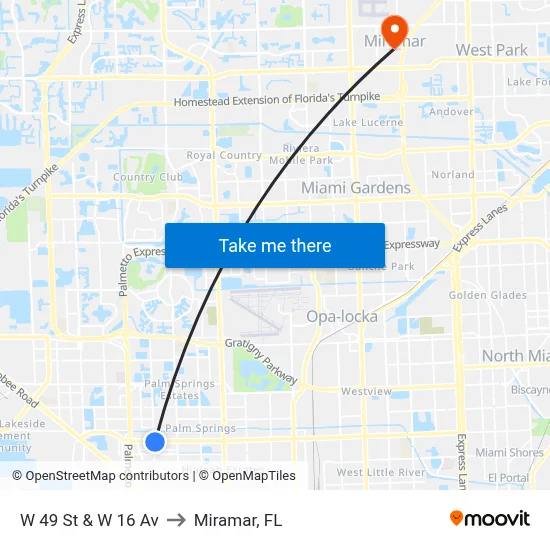 W 49 St & W 16 Av to Miramar, FL map