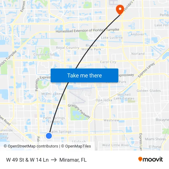 W 49 St & W 14 Ln to Miramar, FL map