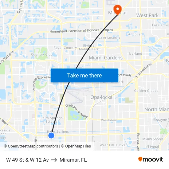 W 49 St & W 12 Av to Miramar, FL map