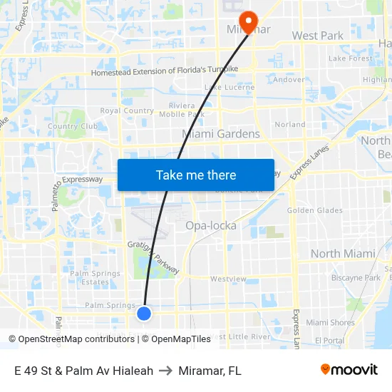 E 49 St & Palm Av Hialeah to Miramar, FL map
