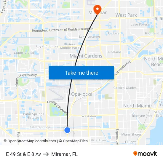 E 49 St & E 8 Av to Miramar, FL map