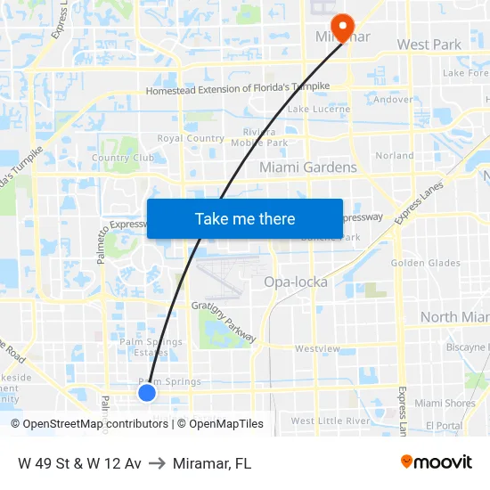 W 49 St & W 12 Av to Miramar, FL map