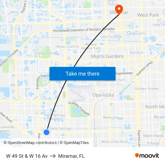 W 49 St & W 16 Av to Miramar, FL map