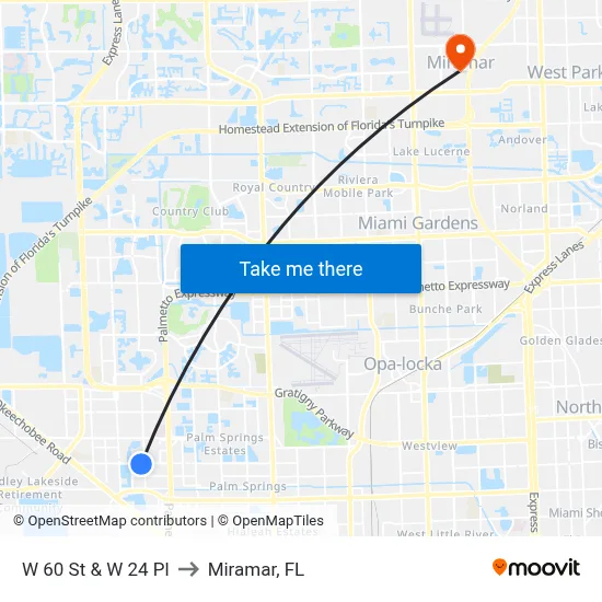 W 60 St & W 24 Pl to Miramar, FL map