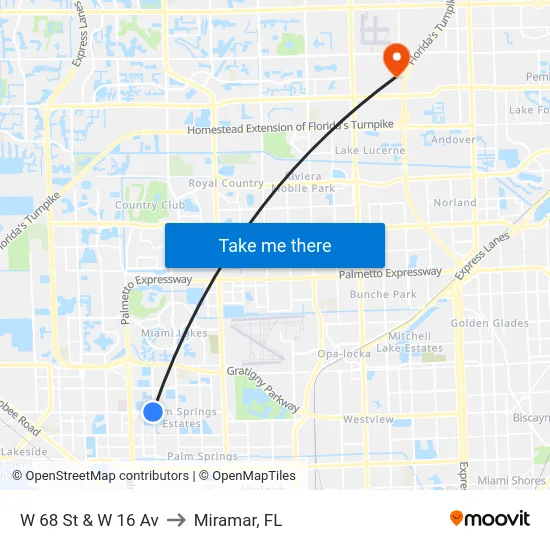 W 68 St & W 16 Av to Miramar, FL map