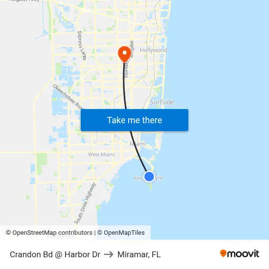 Crandon Bd @ Harbor Dr to Miramar, FL map