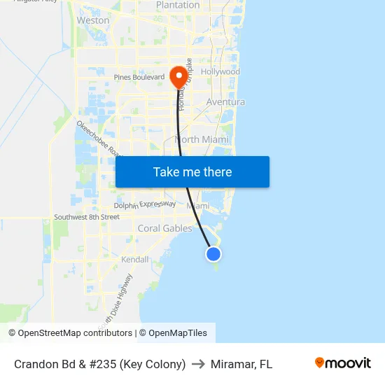 Crandon Bd & #235 (Key Colony) to Miramar, FL map