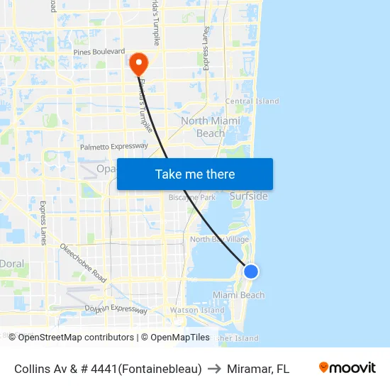 Collins Av & # 4441(Fontainebleau) to Miramar, FL map