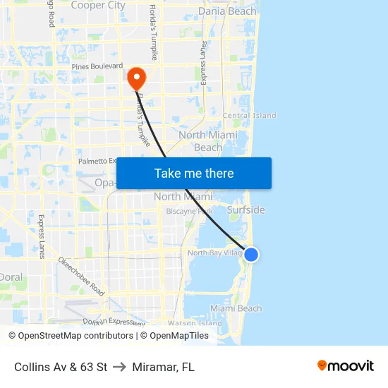 Collins Av & 63 St to Miramar, FL map