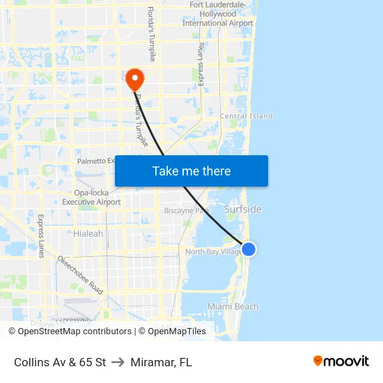Collins Av & 65 St to Miramar, FL map