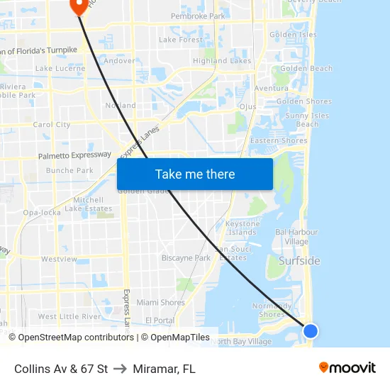 Collins Av & 67 St to Miramar, FL map