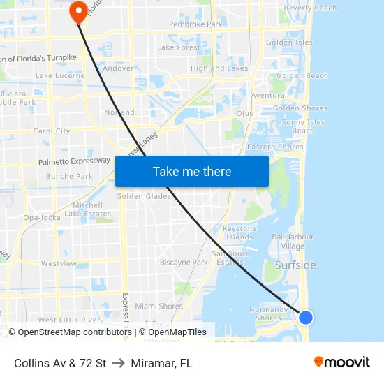 Collins Av & 72 St to Miramar, FL map