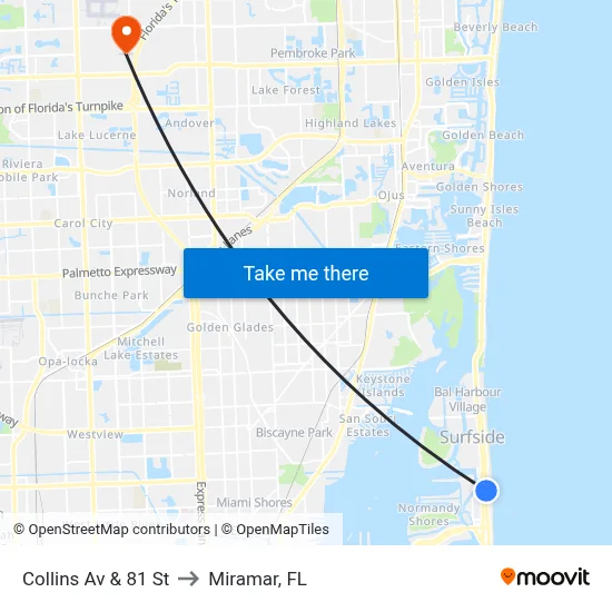 Collins Av & 81 St to Miramar, FL map